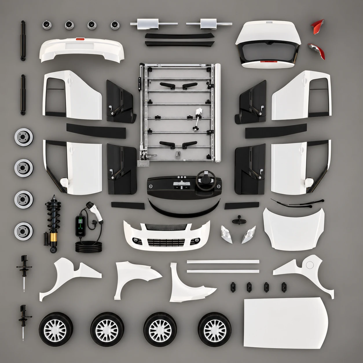 Automotive body parts and components arranged as a parts platform