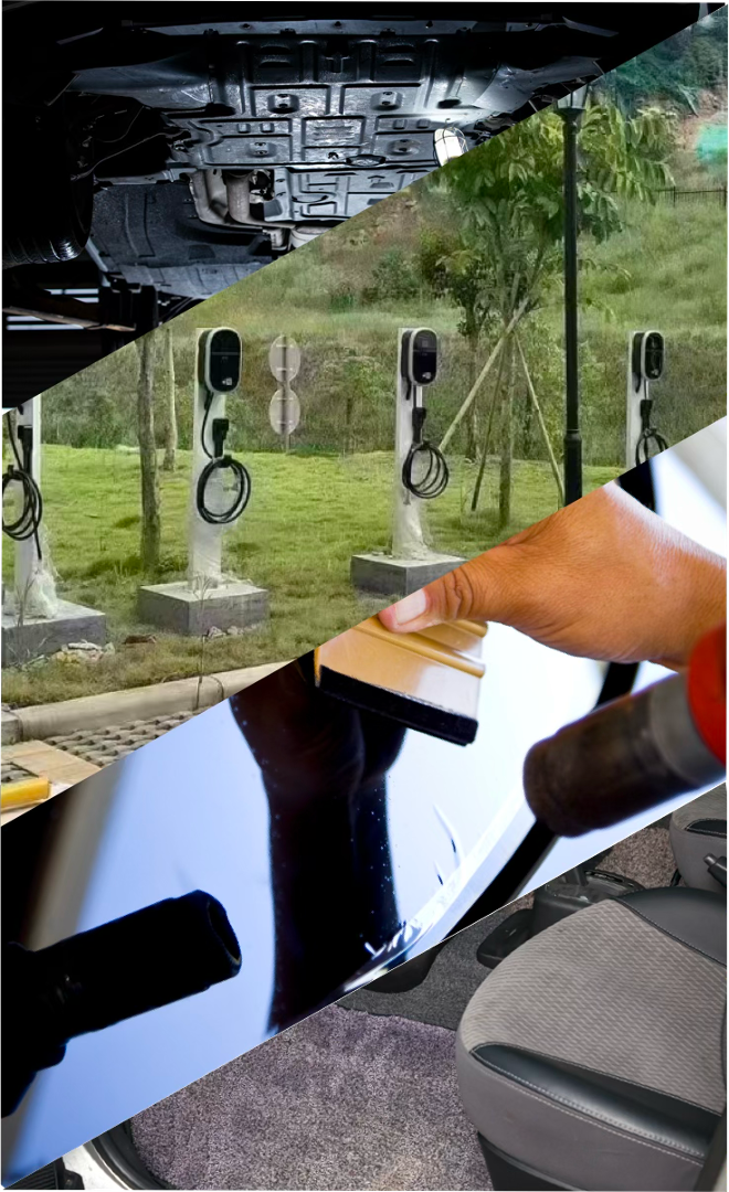 ORIWELL collage of EV charging equipment, protective films, and auto accessories
