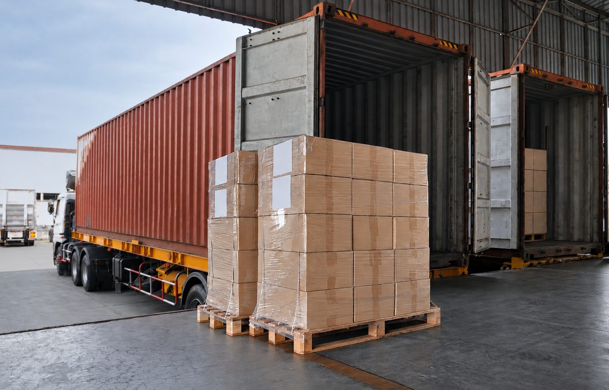 Wrapped cartons on pallets beside shipping containers for export loading