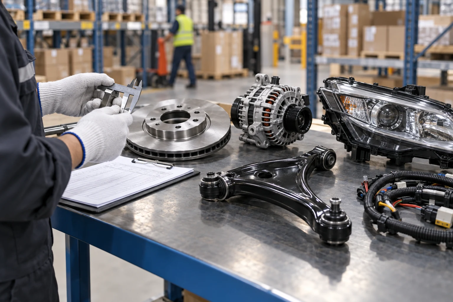 Automotive parts being measured and checked by a quality inspector in a warehouse